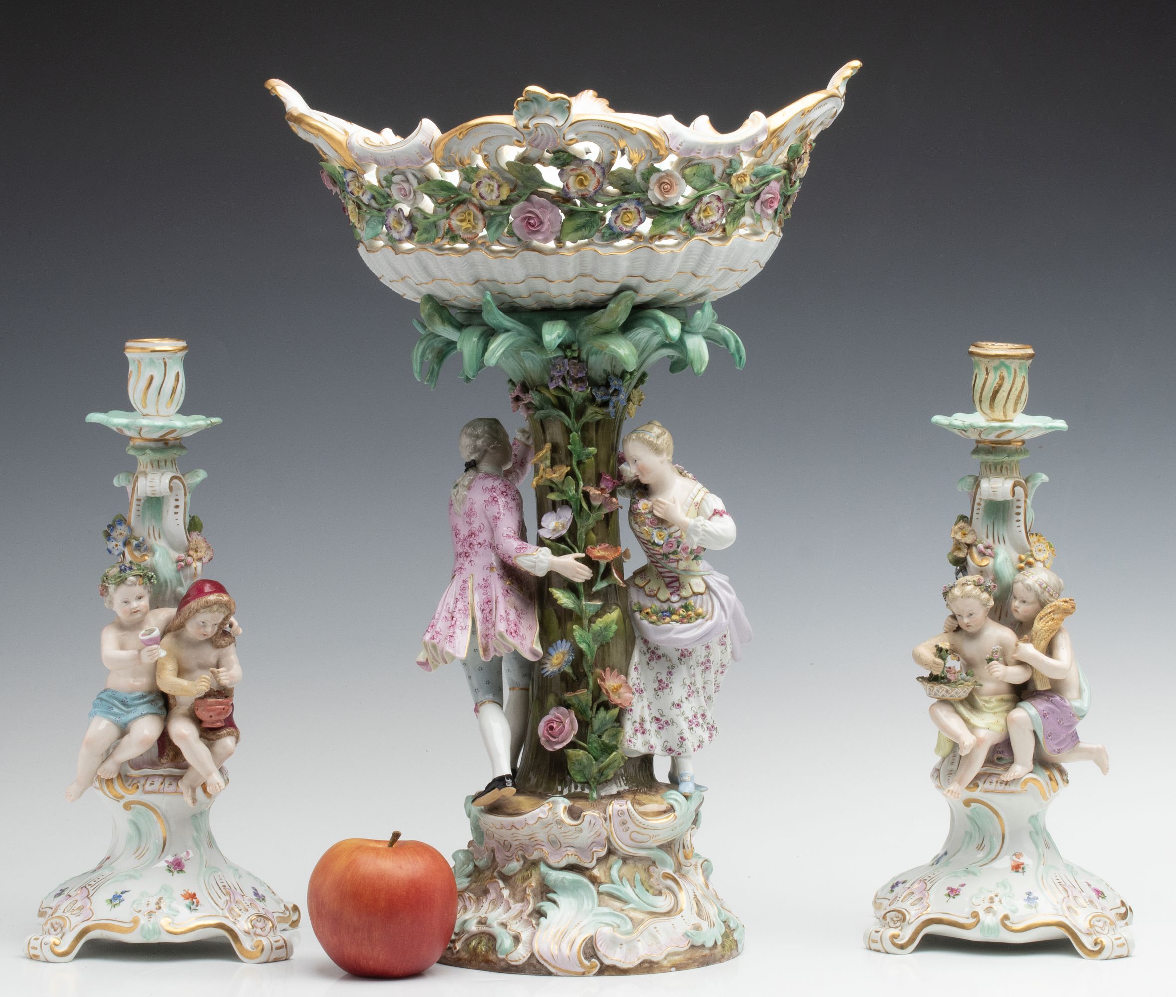 MEISSEN PORCELAIN COMPOTE AND CANDLESTICKS AS FOUND