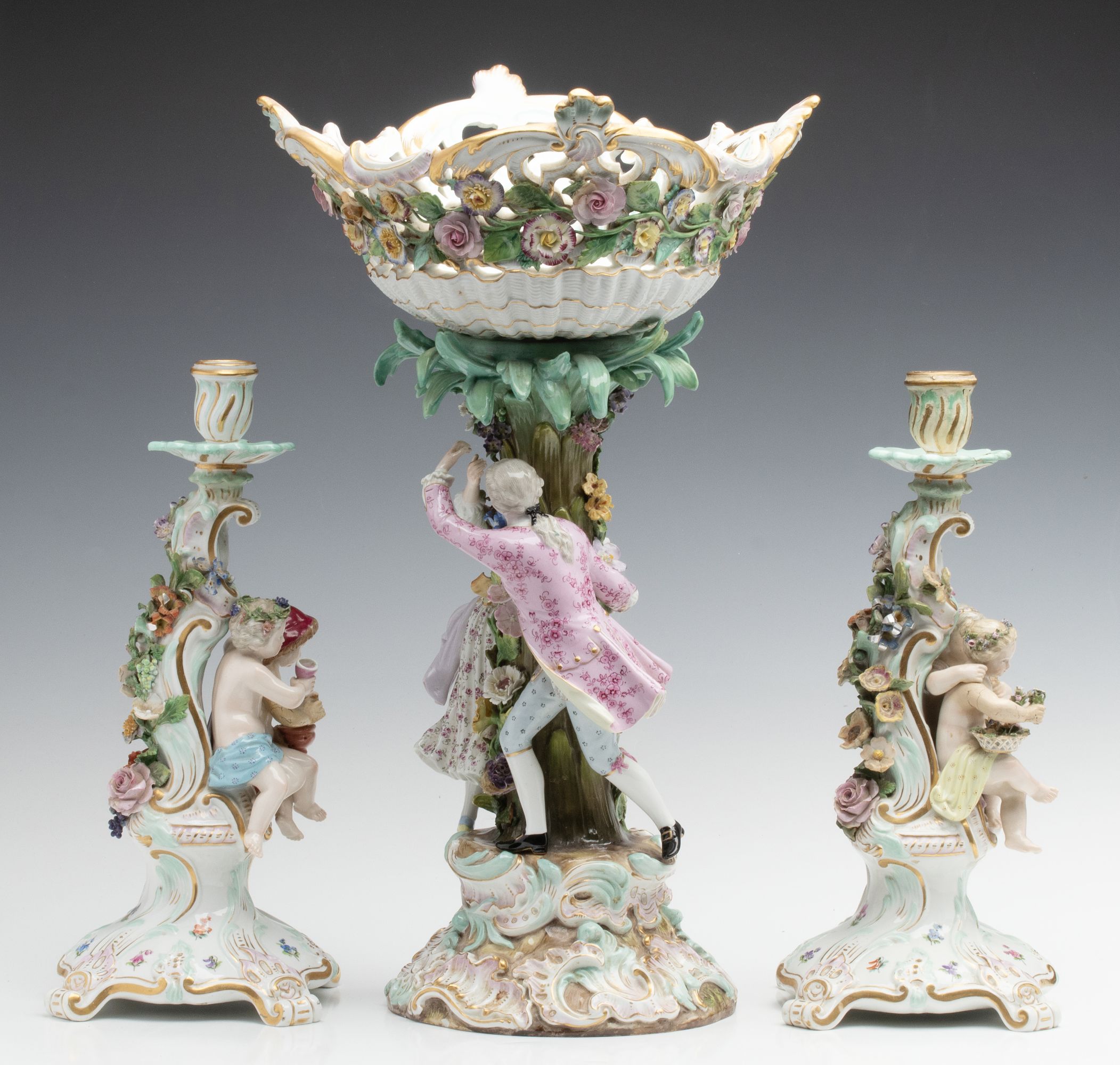 MEISSEN PORCELAIN COMPOTE AND CANDLESTICKS AS FOUND