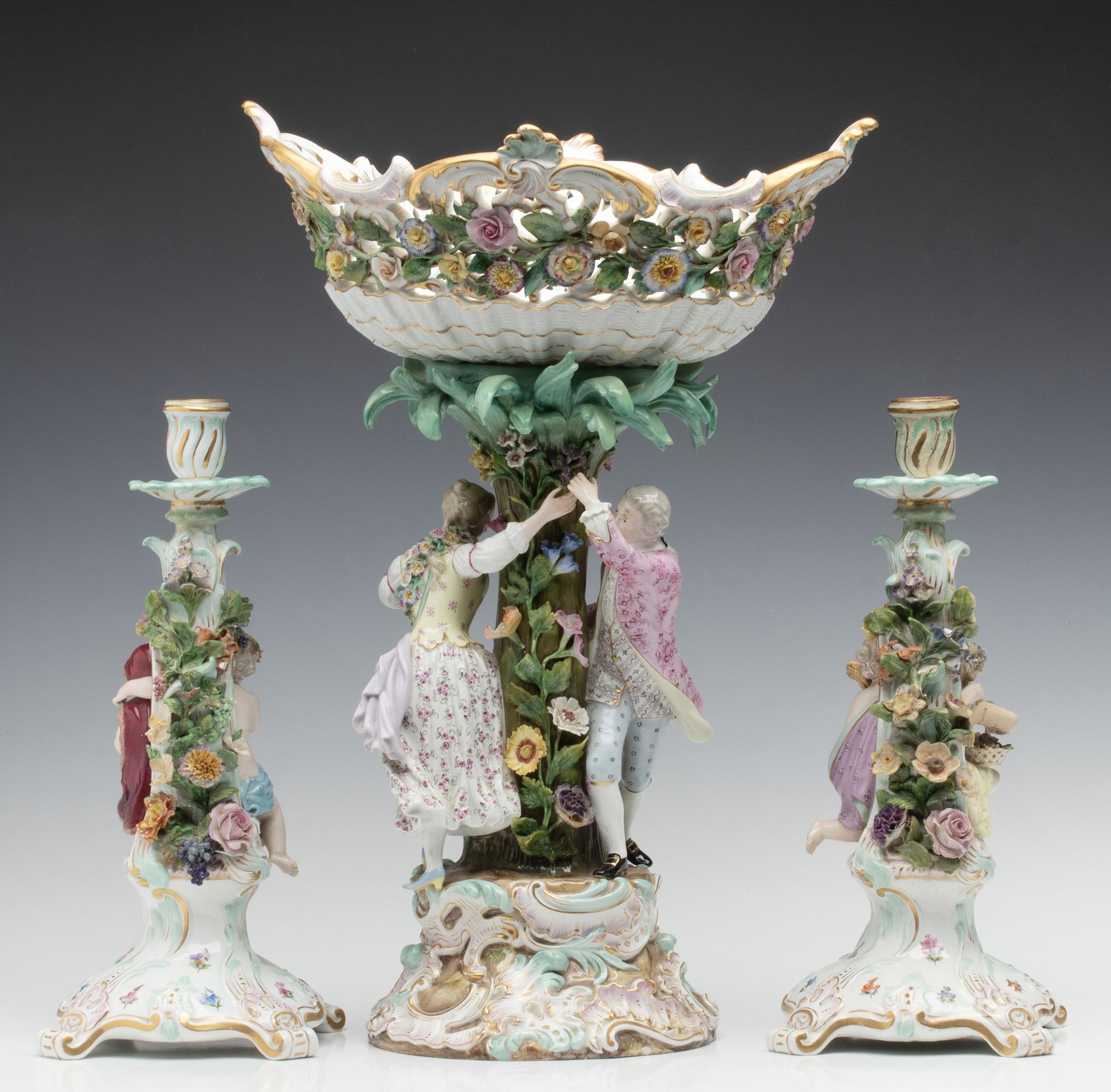 MEISSEN PORCELAIN COMPOTE AND CANDLESTICKS AS FOUND