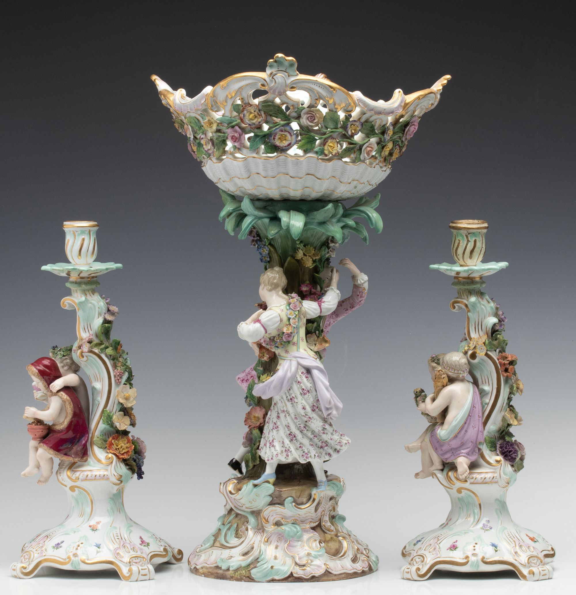 MEISSEN PORCELAIN COMPOTE AND CANDLESTICKS AS FOUND