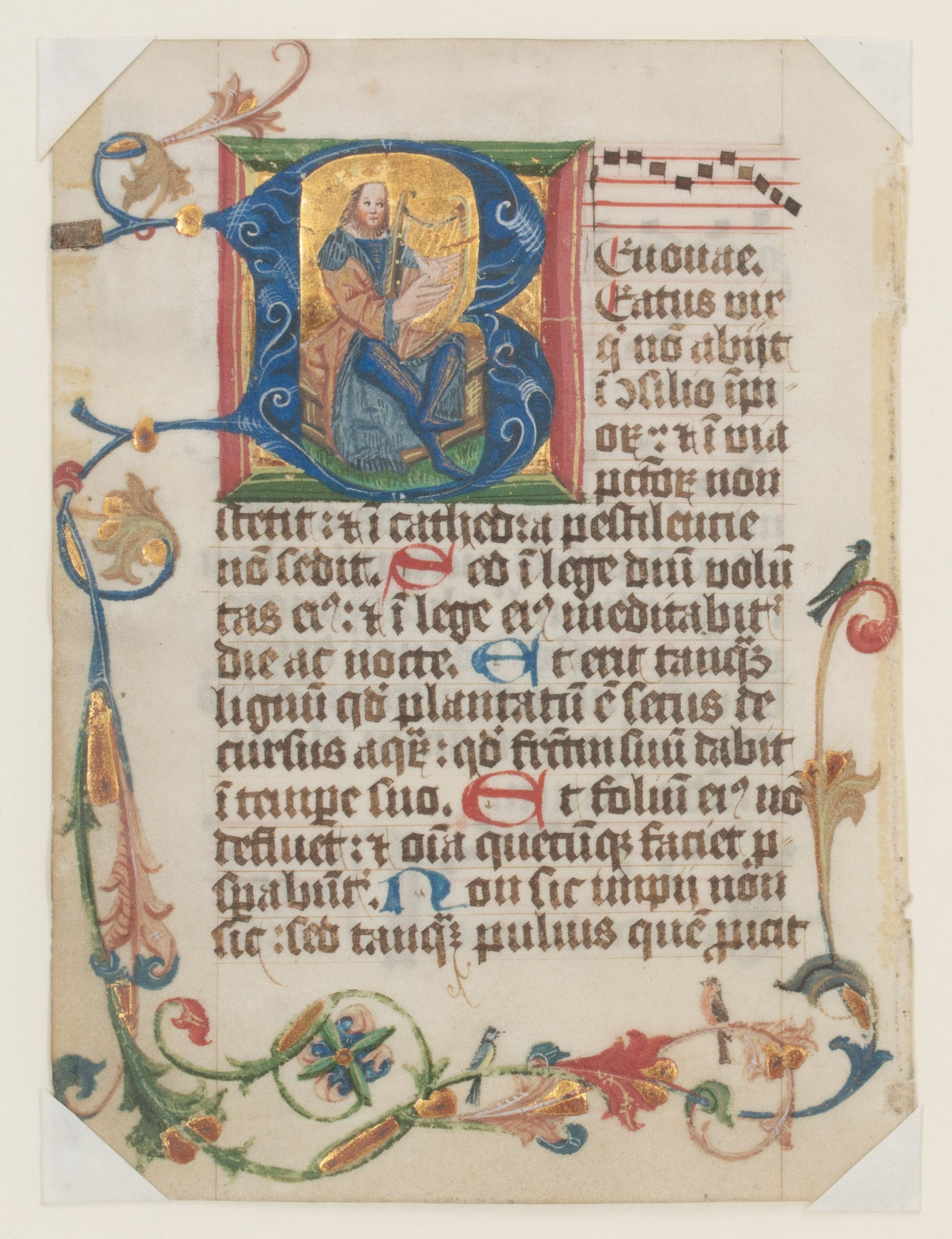 A 16C. PSALTER LEAF HISTORIATED INITIAL WITH KING DAVID