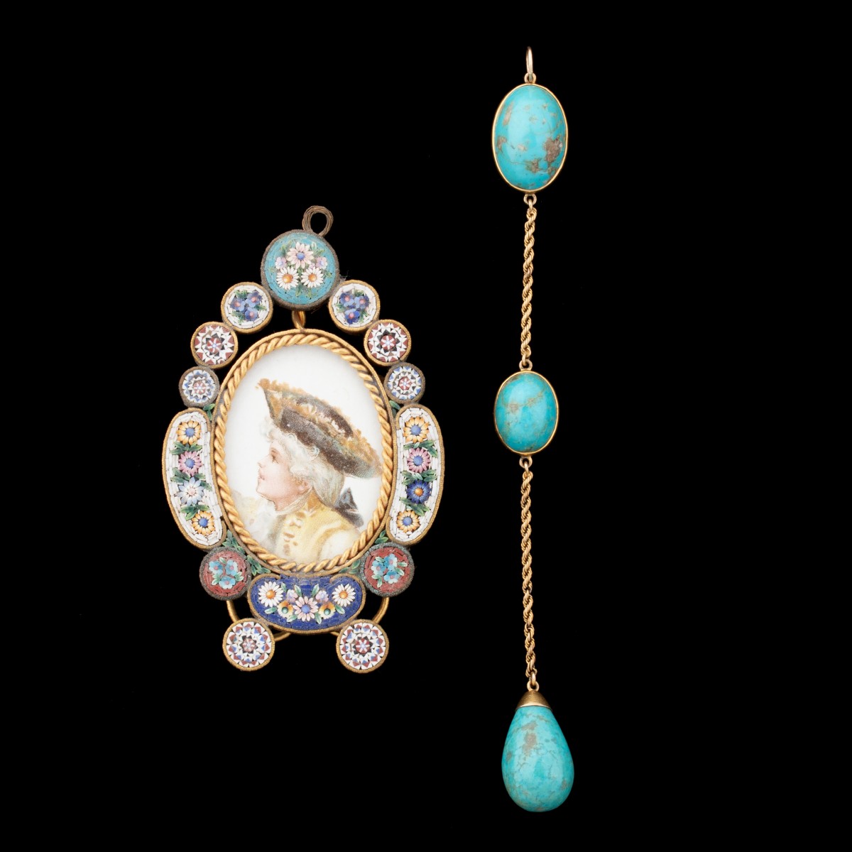 ANTIQUE MICROMOSAIC FRAME, AND TURQUOISE PENDANT