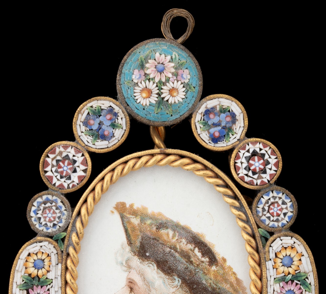 ANTIQUE MICROMOSAIC FRAME, AND TURQUOISE PENDANT