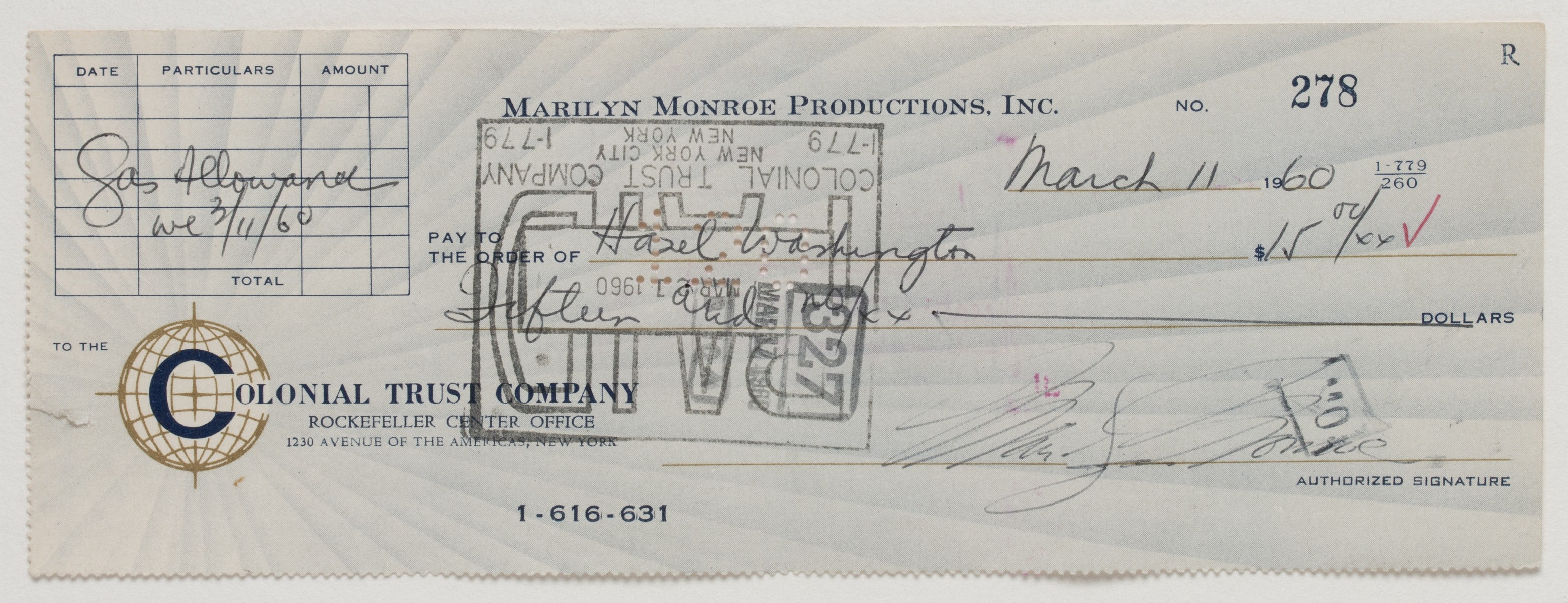 MARILYN MONROE 1960 SIGNED AUTOGRAPH CHECK PSA/DNA