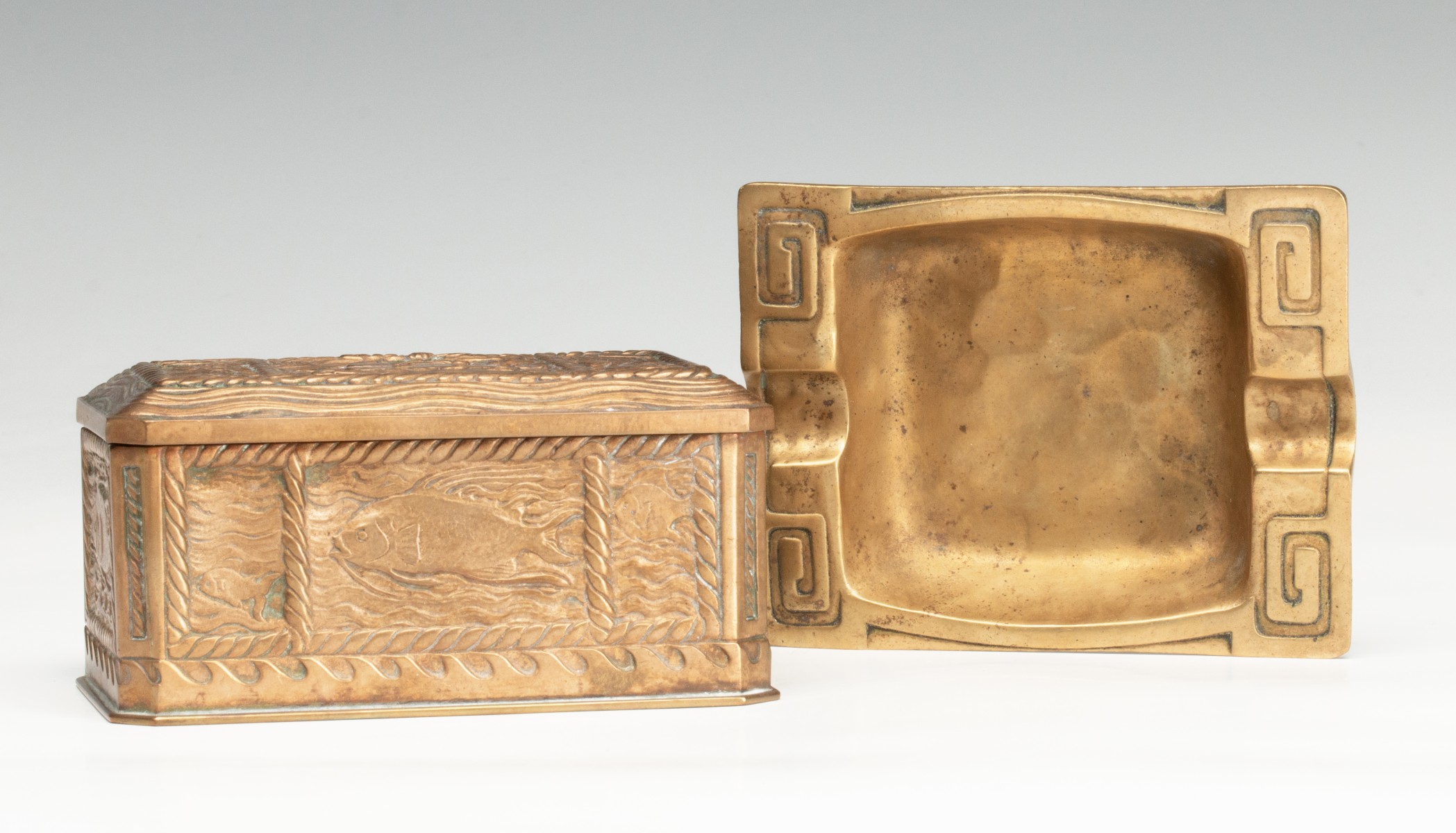 TIFFANY STUDIOS BRONZE CIGARETTE BOX AND ASH TRAY