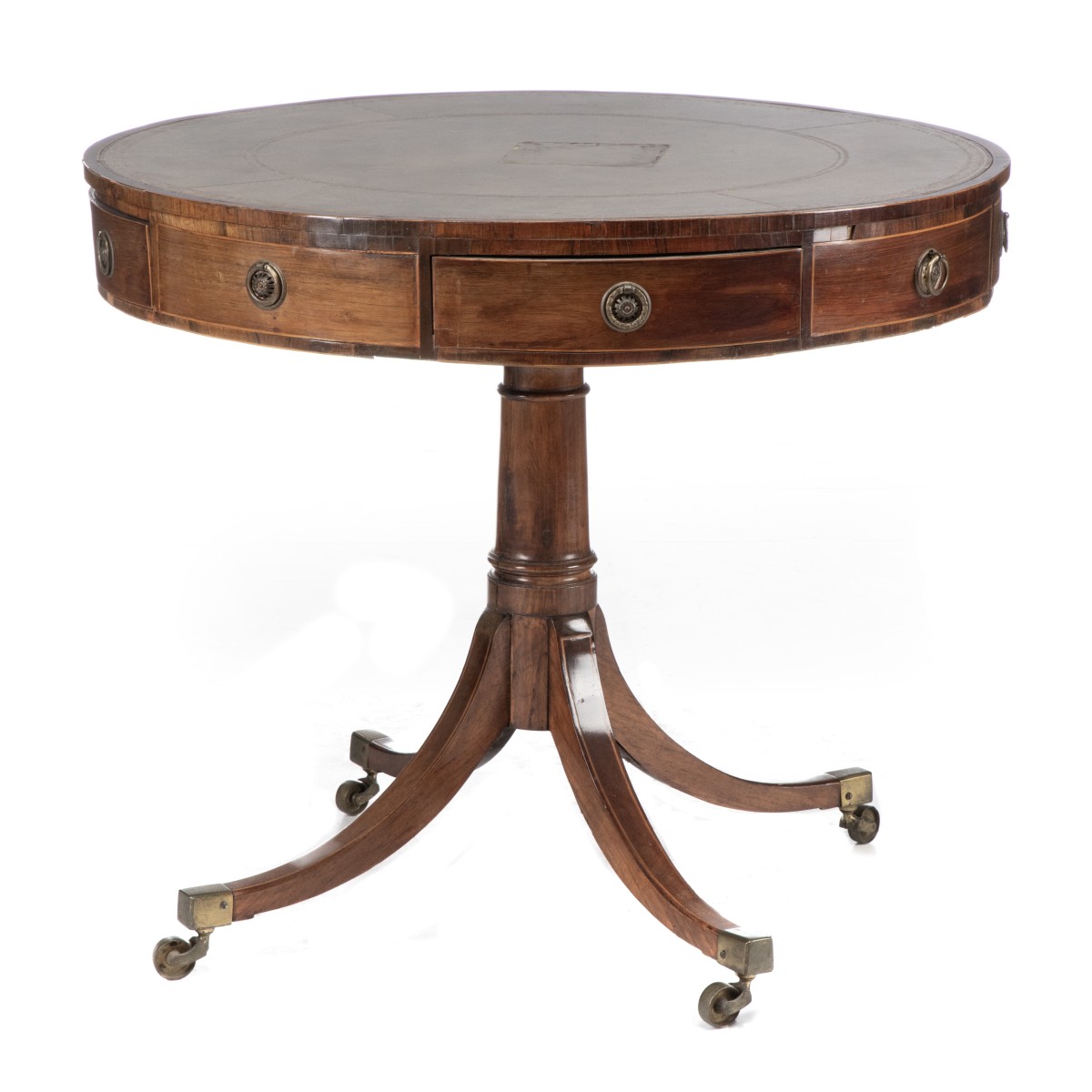 A 19TH CENTURY ENGLISH REGENCY MAHOGANY DRUM TABLE