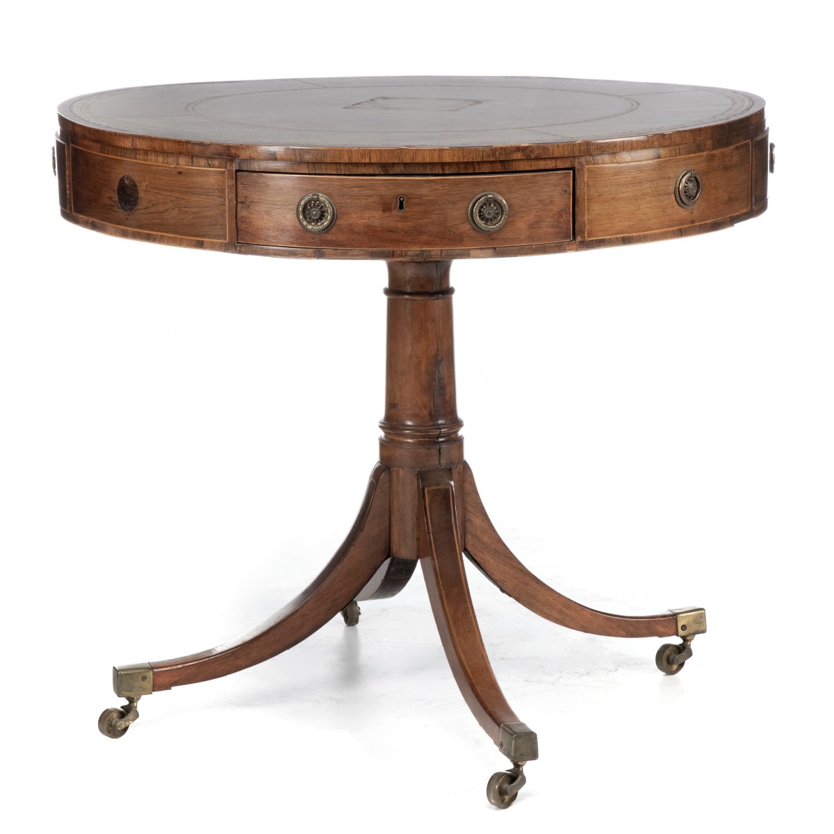 A 19TH CENTURY ENGLISH REGENCY MAHOGANY DRUM TABLE