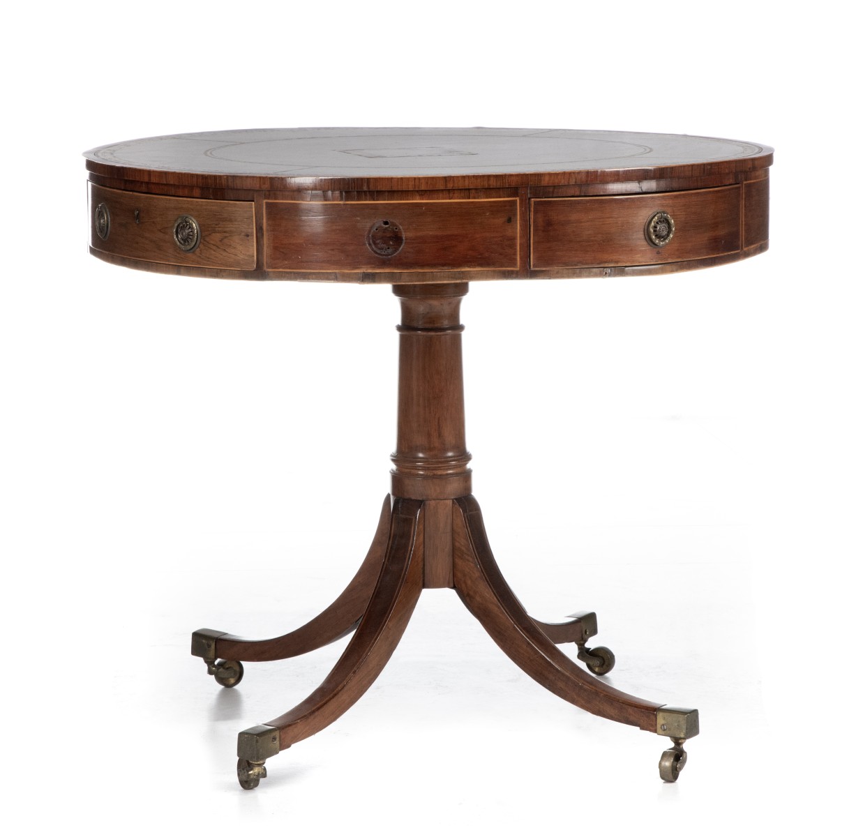 A 19TH CENTURY ENGLISH REGENCY MAHOGANY DRUM TABLE