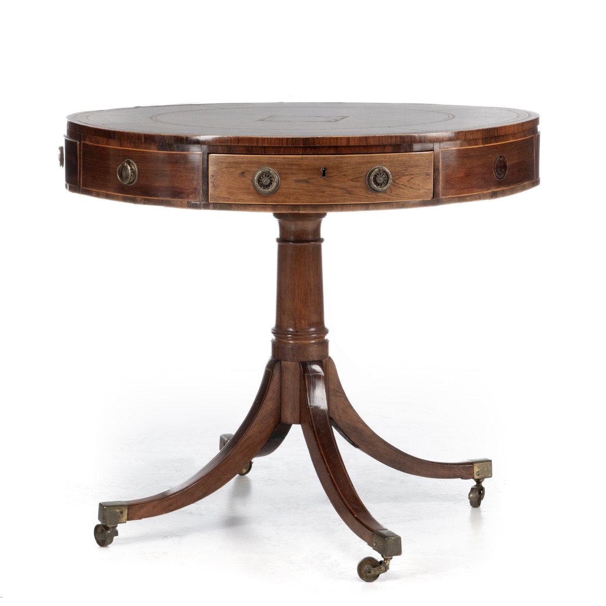 A 19TH CENTURY ENGLISH REGENCY MAHOGANY DRUM TABLE