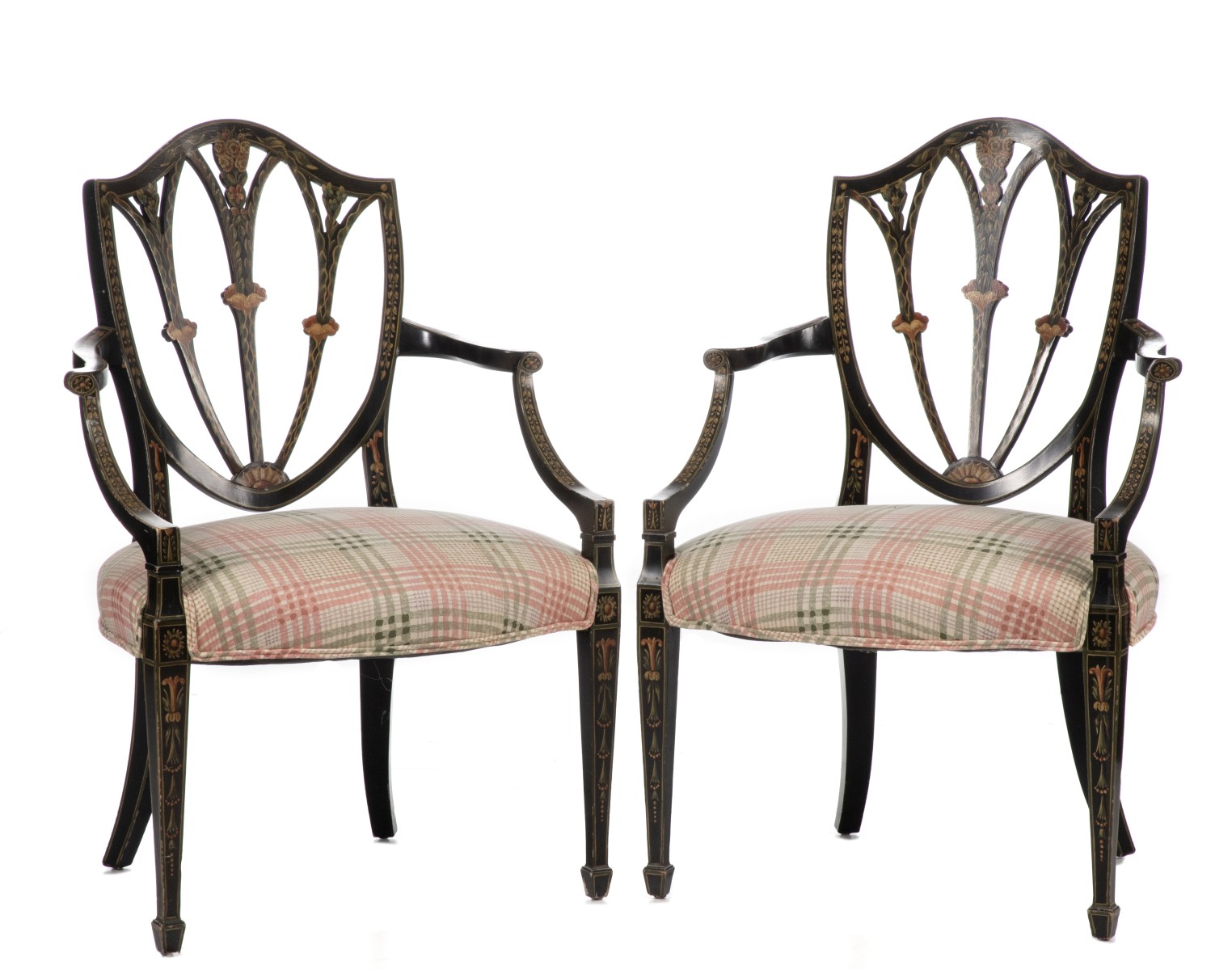 A PAIR OF PAINTED 20C. HEPPLEWHITE OPEN ARM CHAIRS