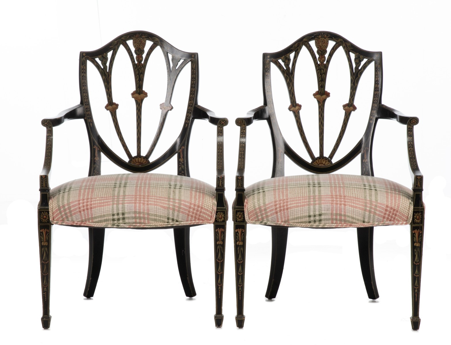 A PAIR OF PAINTED 20C. HEPPLEWHITE OPEN ARM CHAIRS