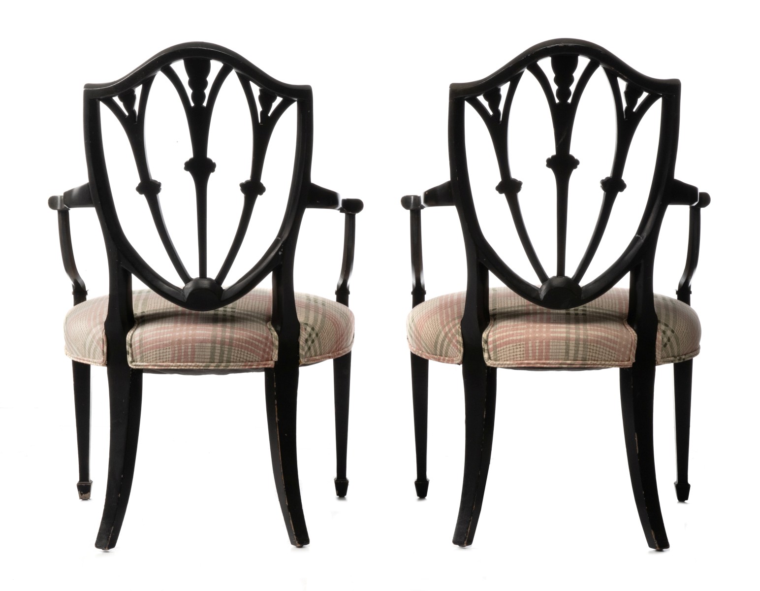 A PAIR OF PAINTED 20C. HEPPLEWHITE OPEN ARM CHAIRS