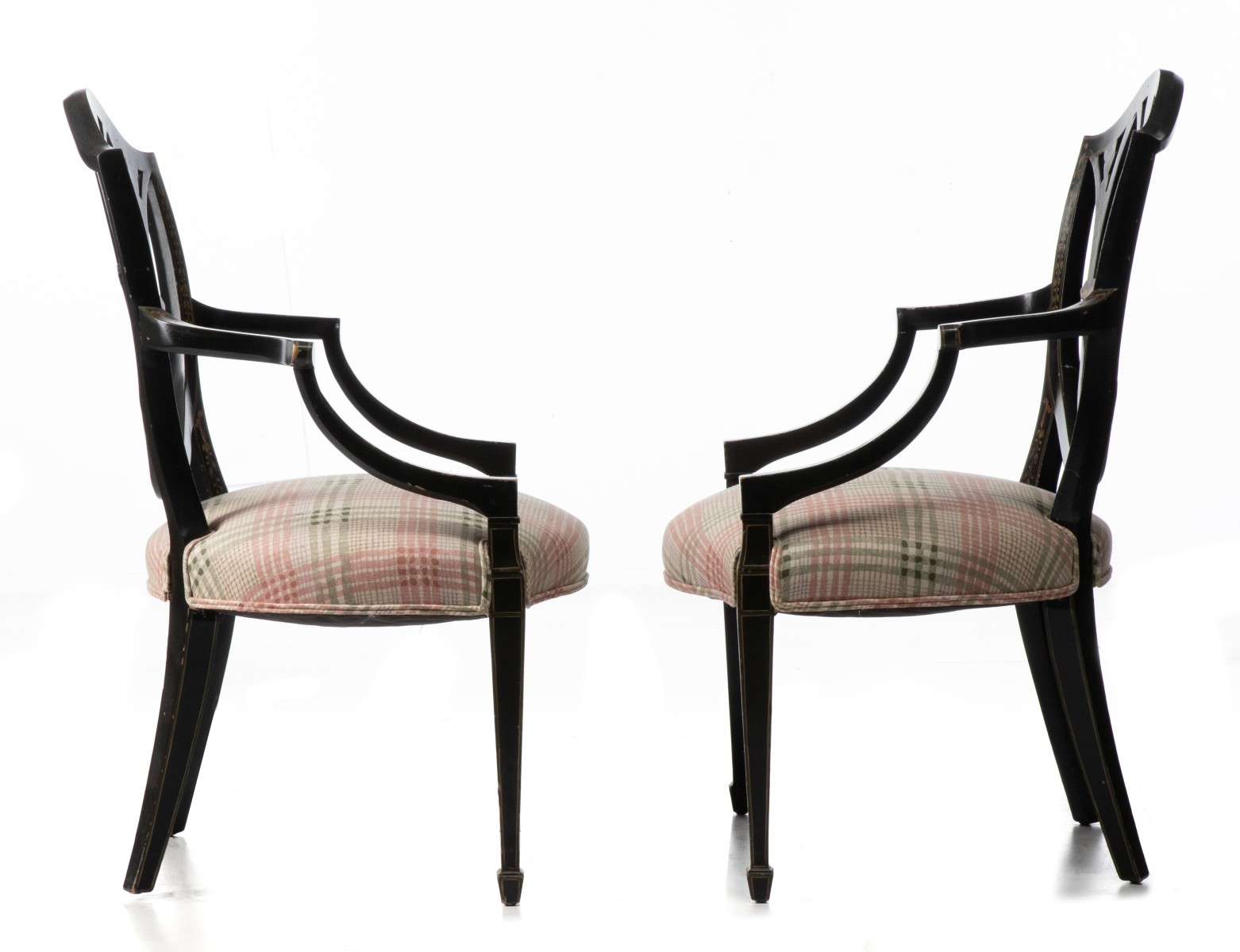 A PAIR OF PAINTED 20C. HEPPLEWHITE OPEN ARM CHAIRS