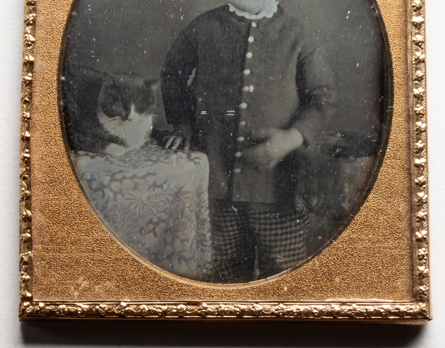 A DAGUERREOTYPE STUDIO IMAGE OF CHILD AND PET CAT