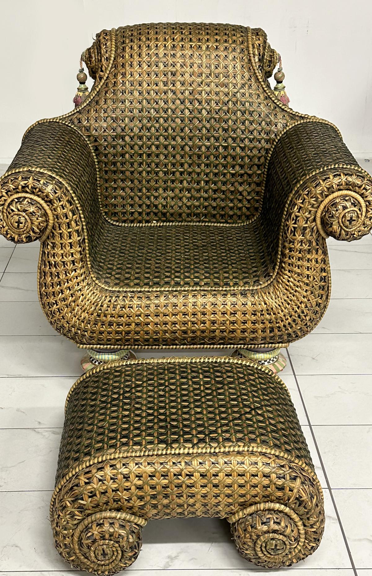 MACKENZIE CHILDS WICKER ARM CHAIR AND OTTOMAN