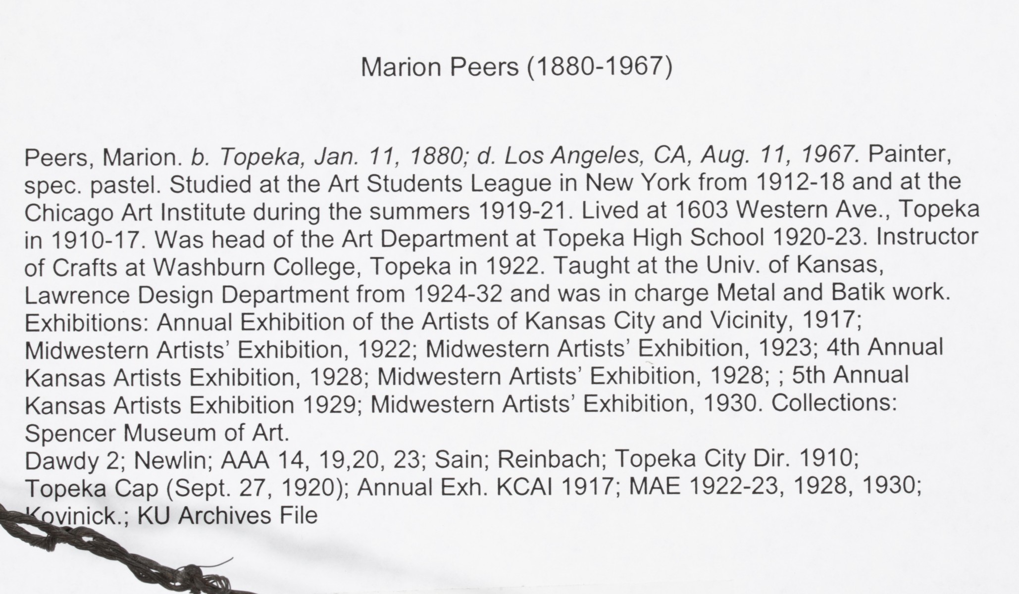 MARION PEERS (TOPEKA, KANSAS 1880-1967) OIL ON BOARD