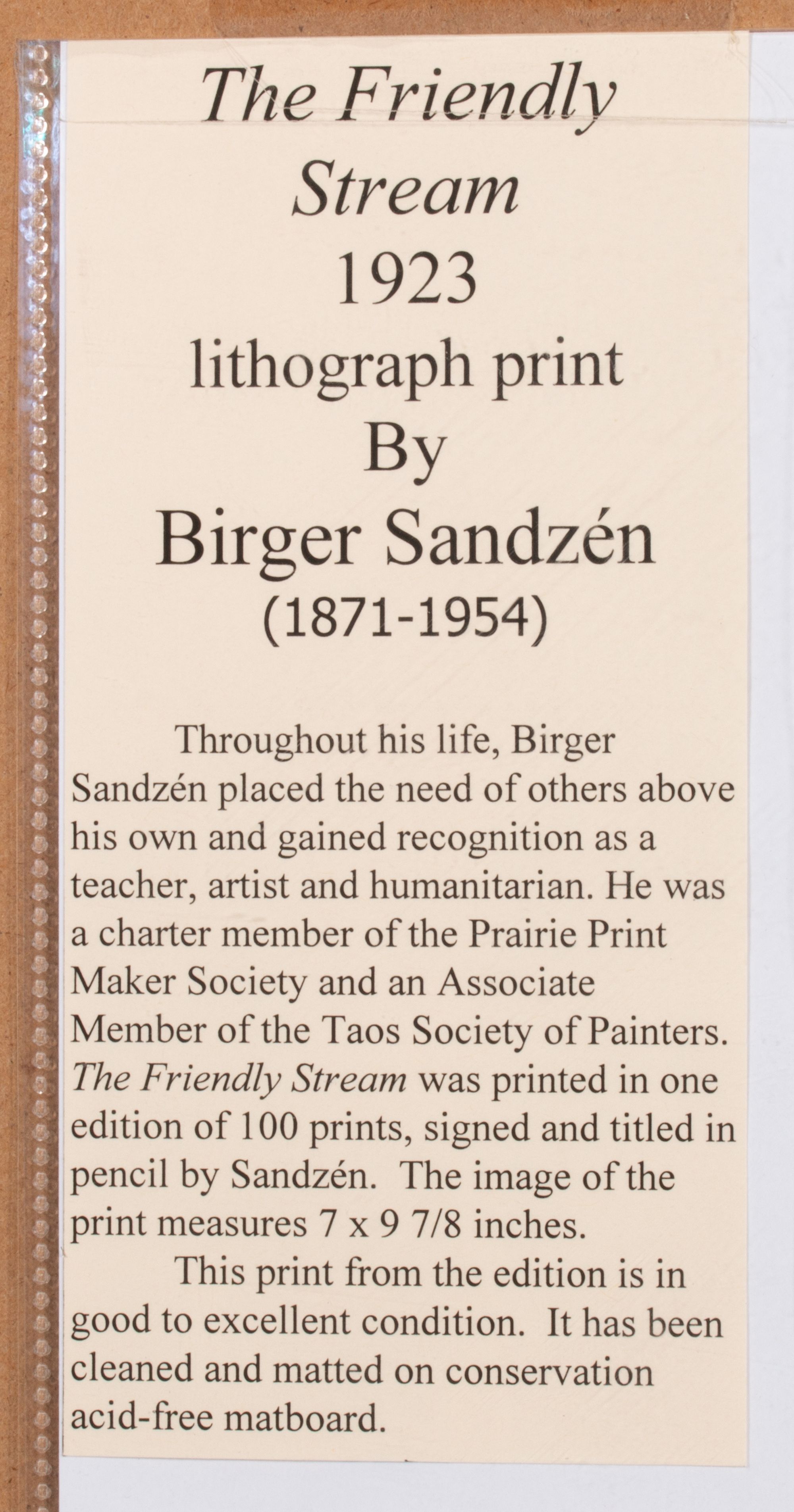 BIRGER SANDZÉN (1871-1954) PENCIL SIGNED LITHOGRAPH