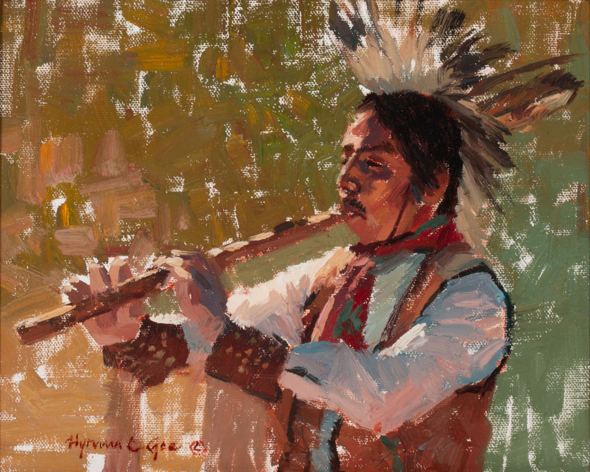 HYRUM JOE (B. 1980) OIL ON CANVAS PLAINS FLUTE PLAYER