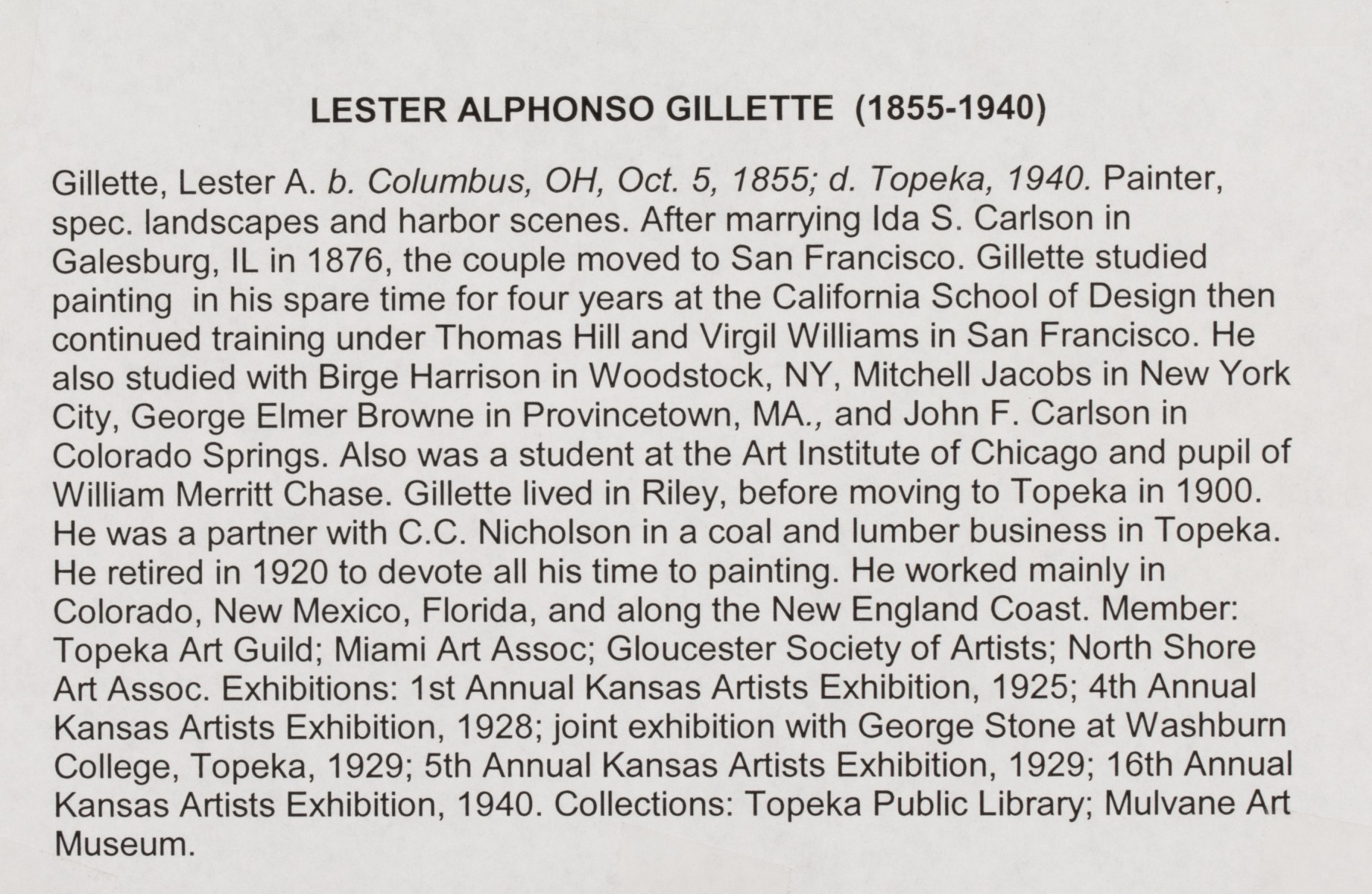 LESTER GILLETTE (1855-1940) OIL ON ARTIST'S BOARD