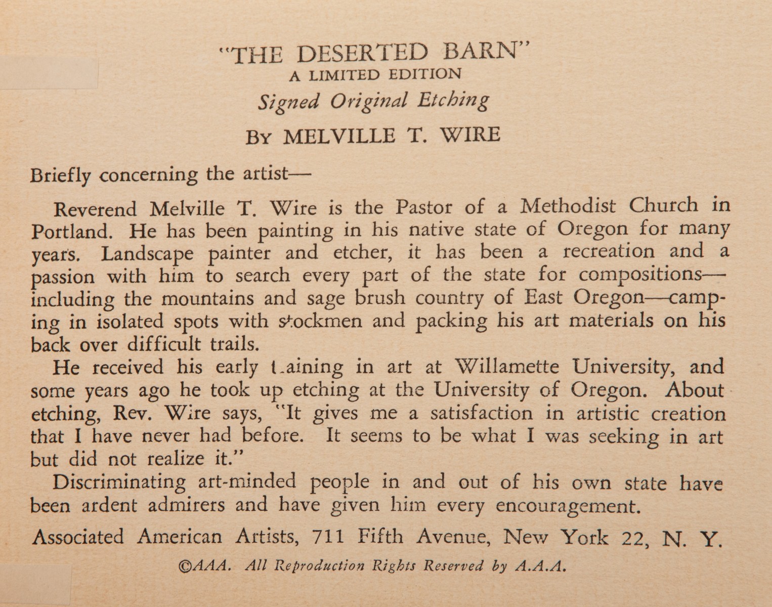 MELVILLE WIRE, ERNEST HART, RUSSELL SHERMAN AAA PRINTS