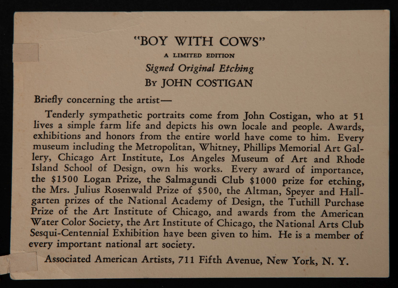 JOHN E. COSTIGAN (1888-1972) SIX PENCIL SIGNED ETCHINGS