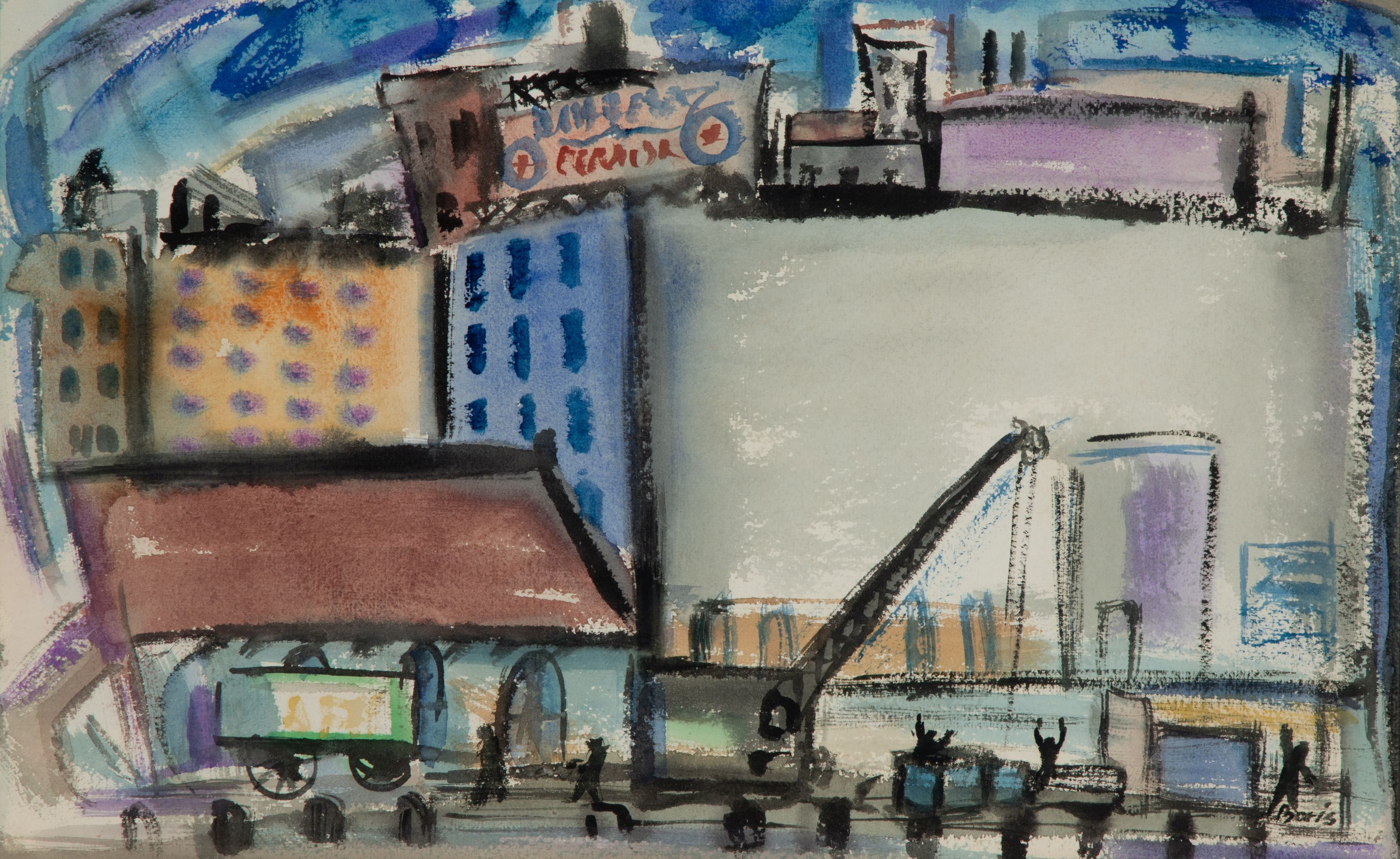 AN UNIDENTIFIED MID 20TH C. MODERNIST INDUSTRIAL SCENE