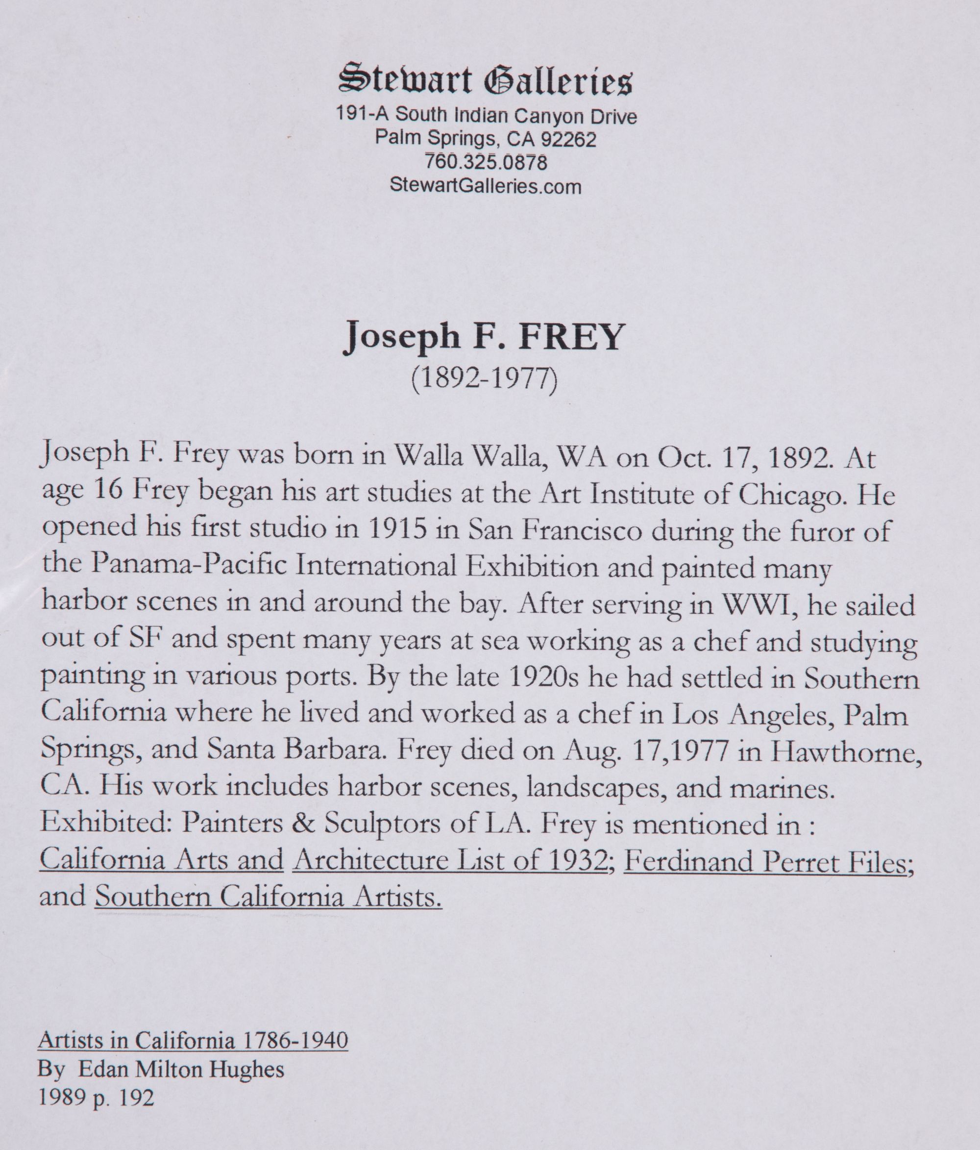 JOSEPH FREY (1892-1977) CALIFORNIA OIL ON CANVAS