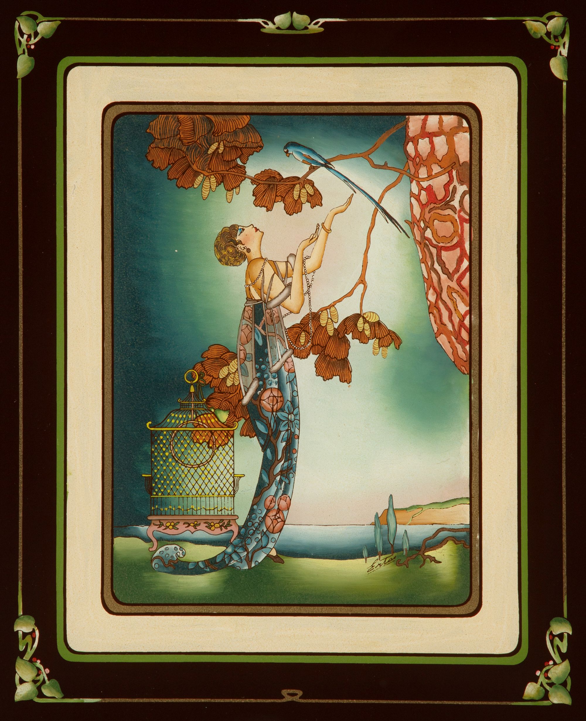 AN IMAGE AFTER ERTE PRINTED IN REVERSE ON GLASS