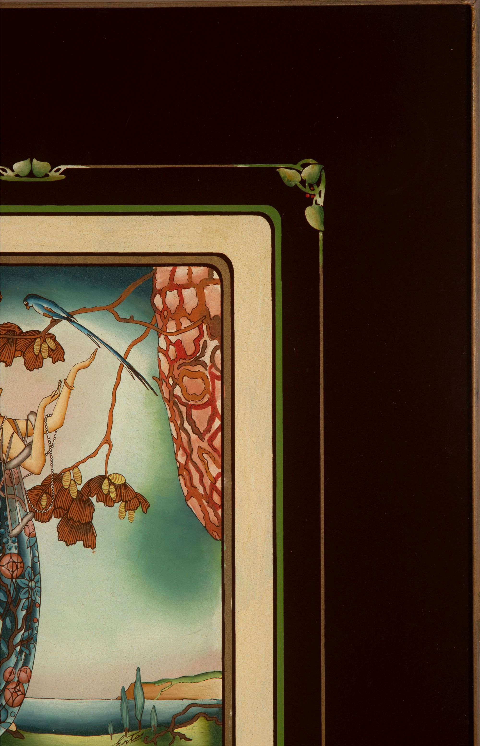AN IMAGE AFTER ERTE PRINTED IN REVERSE ON GLASS