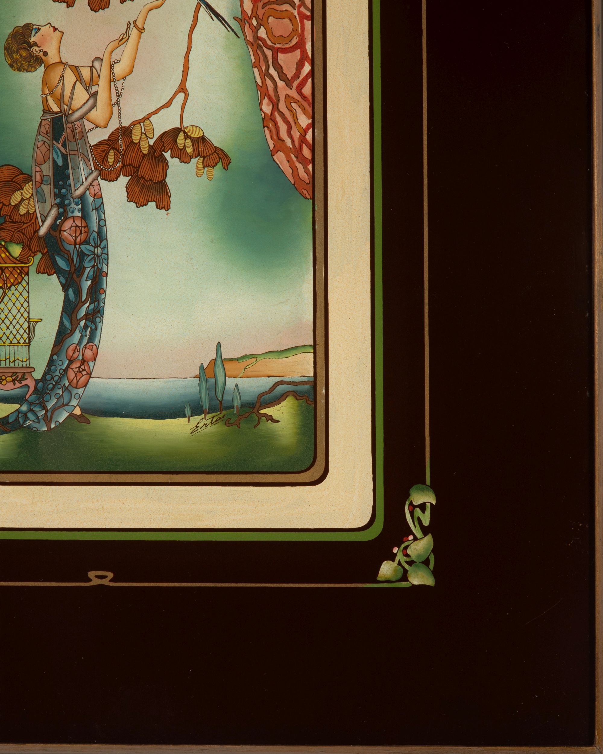 AN IMAGE AFTER ERTE PRINTED IN REVERSE ON GLASS