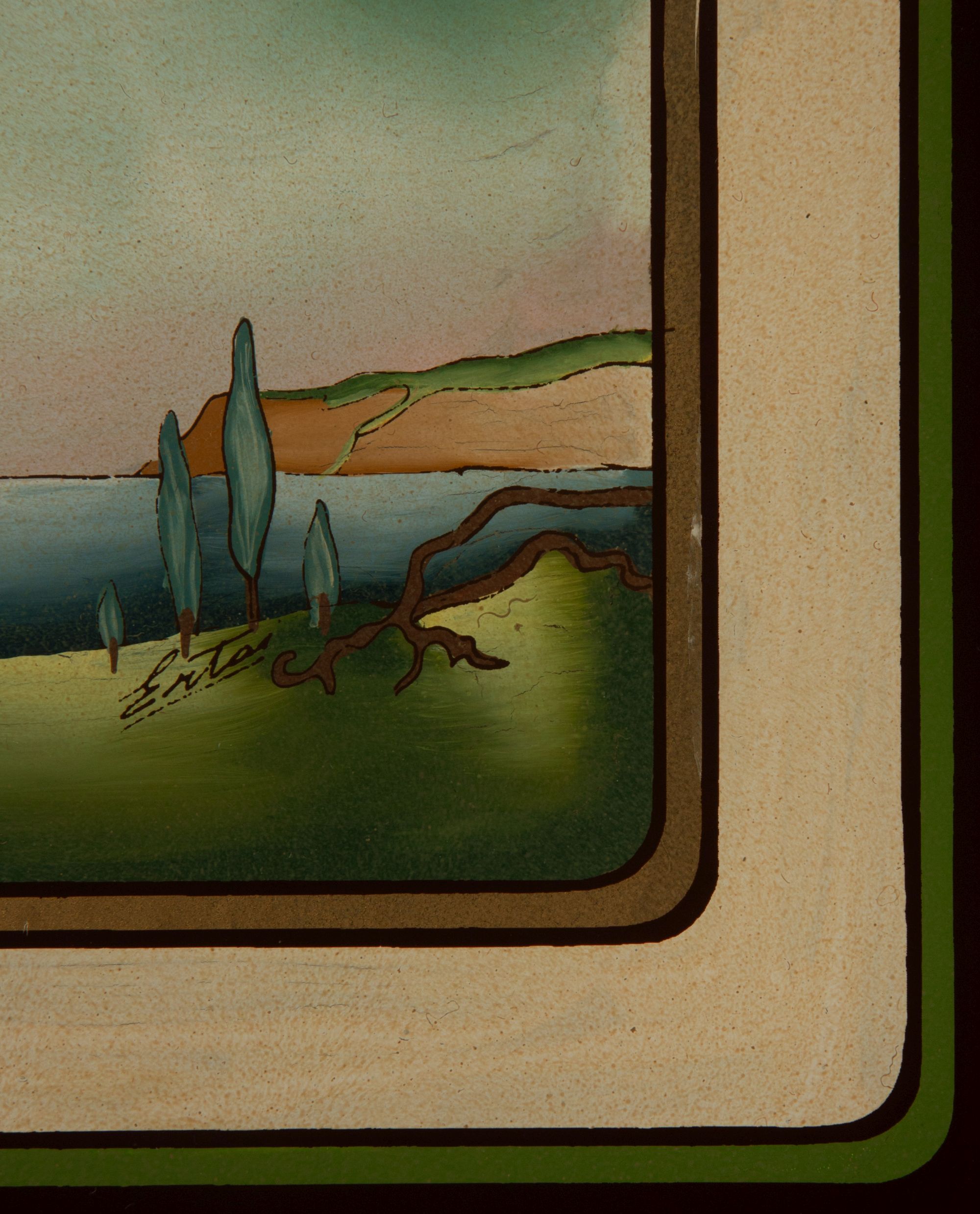 AN IMAGE AFTER ERTE PRINTED IN REVERSE ON GLASS