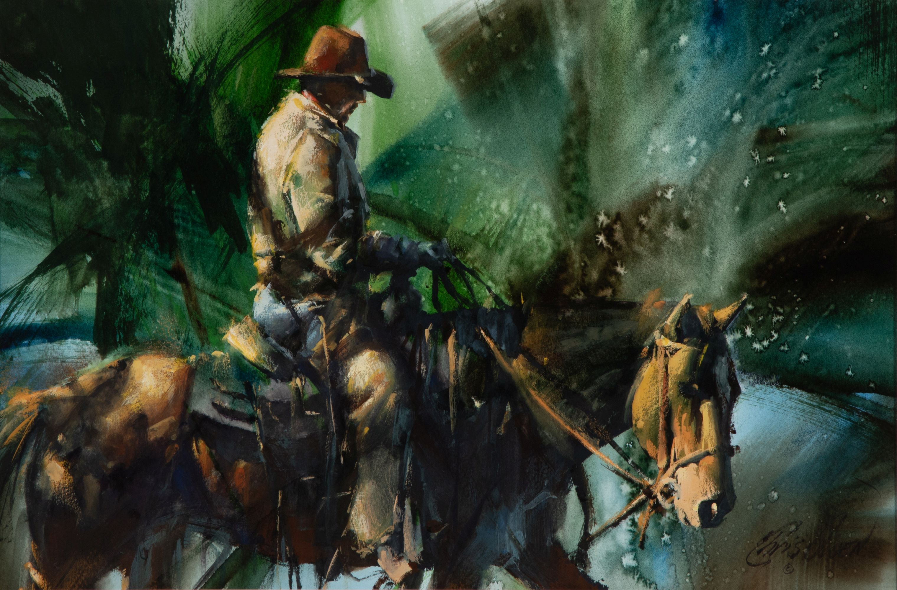 CHRIS OWEN (B. 1967) COWBOY ON HORSEBACK WATERCOLOR