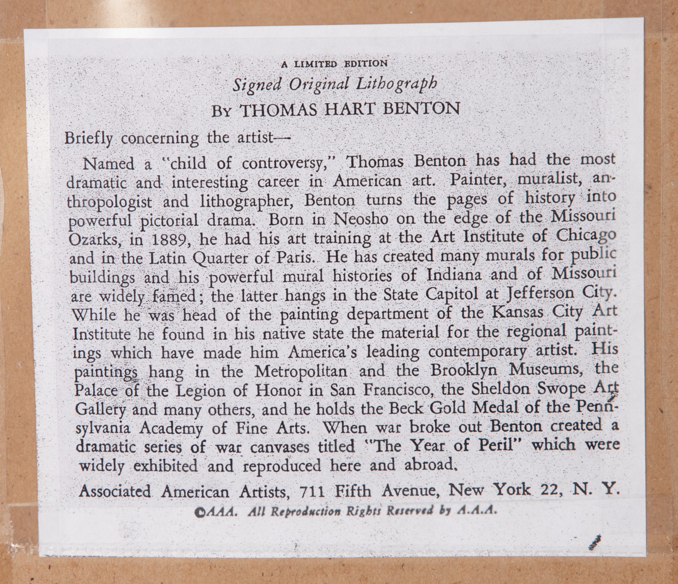 THOMAS HART BENTON (1889-1975) PENCIL SIGNED LITHOGRAPH