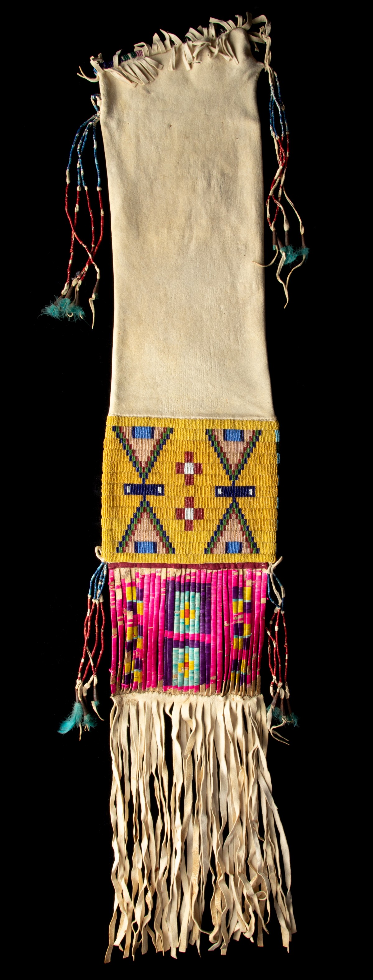 A FORT BELKNAP BEADED AND QUILLED HIDE TOBACCO BAG