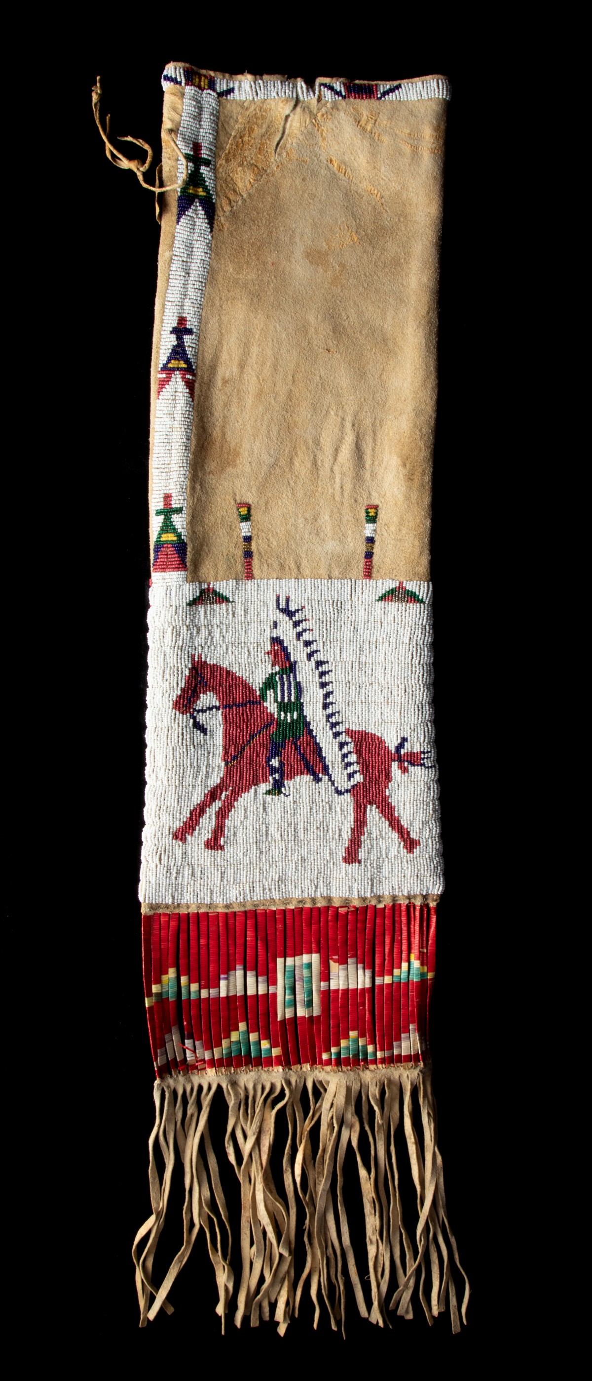 A GOOD LAKOTA PICTORIAL BEADED HIDE TOBACCO BAG C. 1890