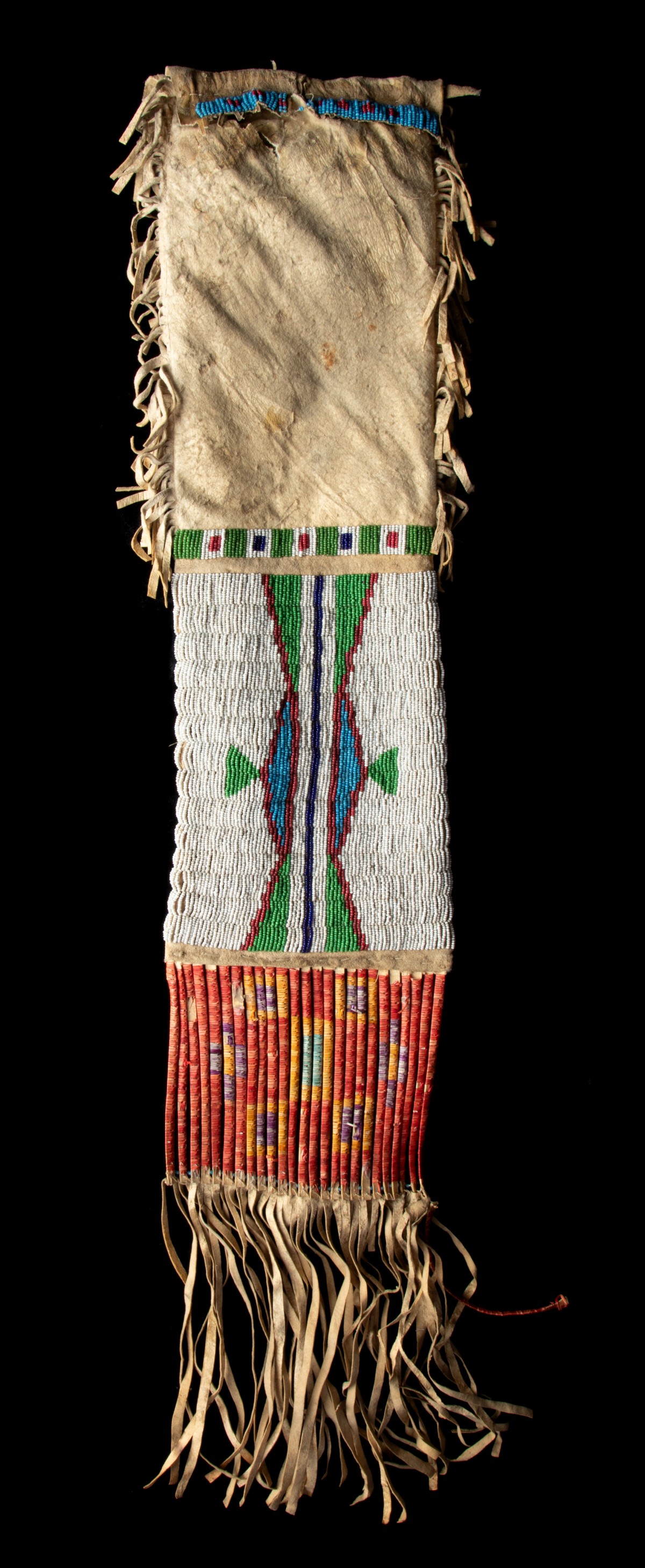 A LAKOTA BEADED AND QUILLED HIDE TOBACCO BAG CIRCA 1900