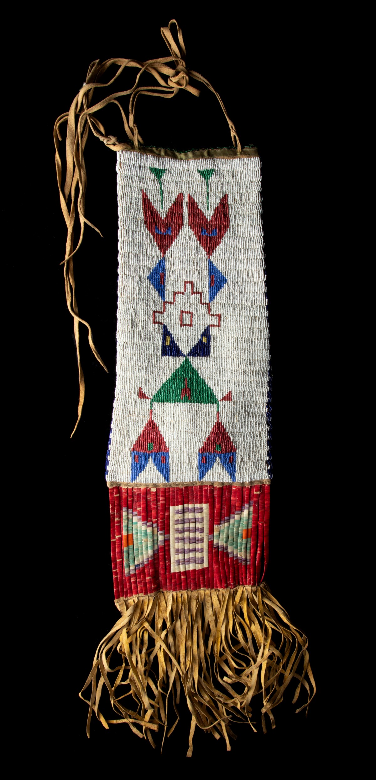 A FINE FULLY BEADED & QUILLED HIDE TOBACCO BAG 1880-90