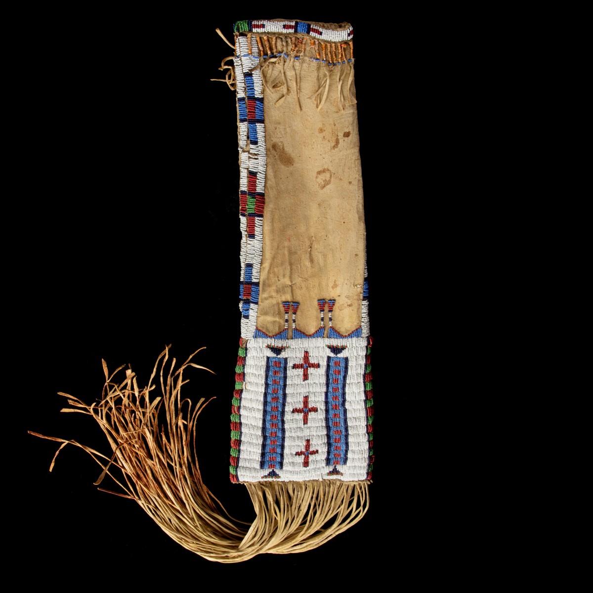 1870s CHEYENNE BEADED HIDE TOBACCO BAG WITH DYED FRINGE