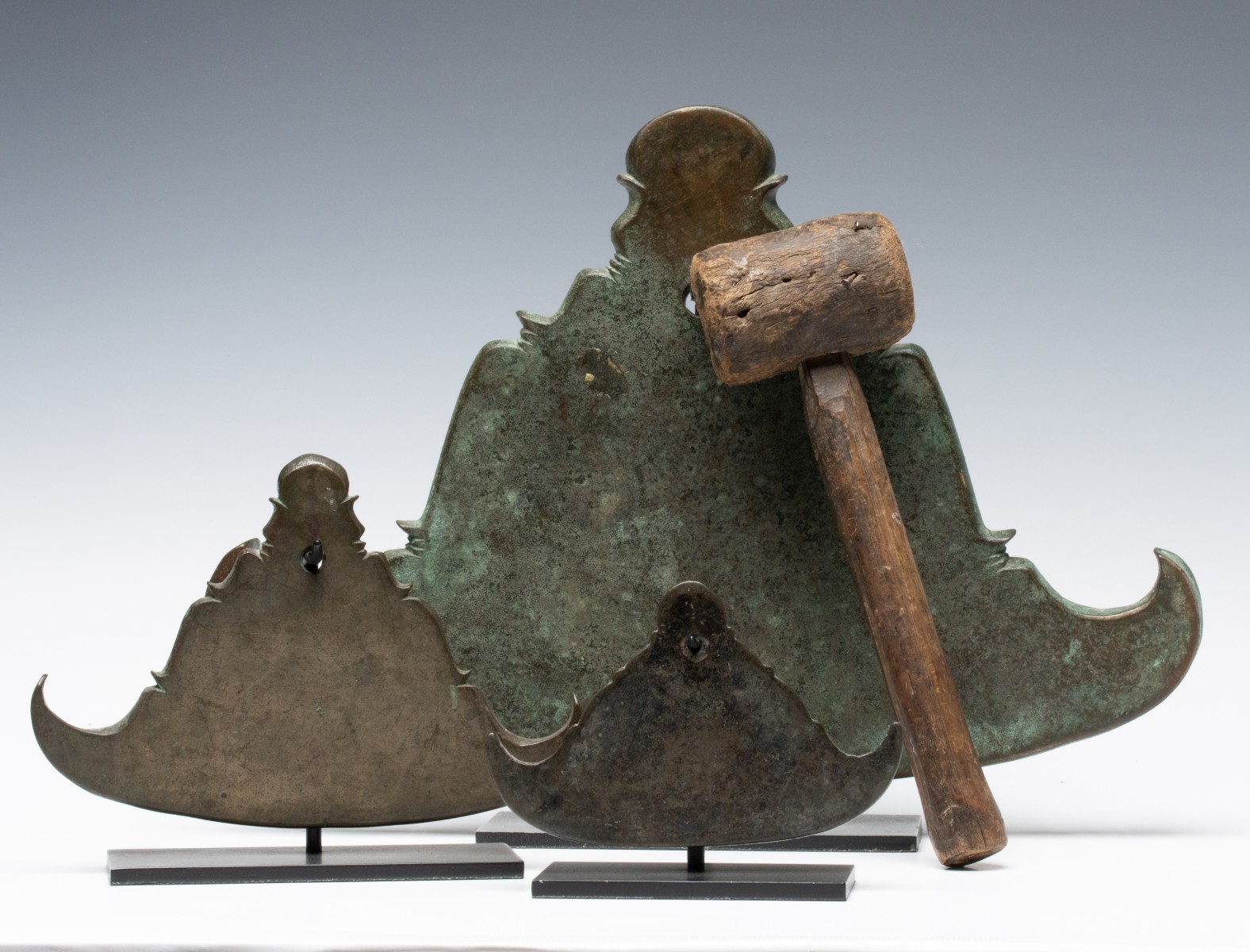 THREE ANTIQUE BRONZE BURMESE TEMPLE GONGS