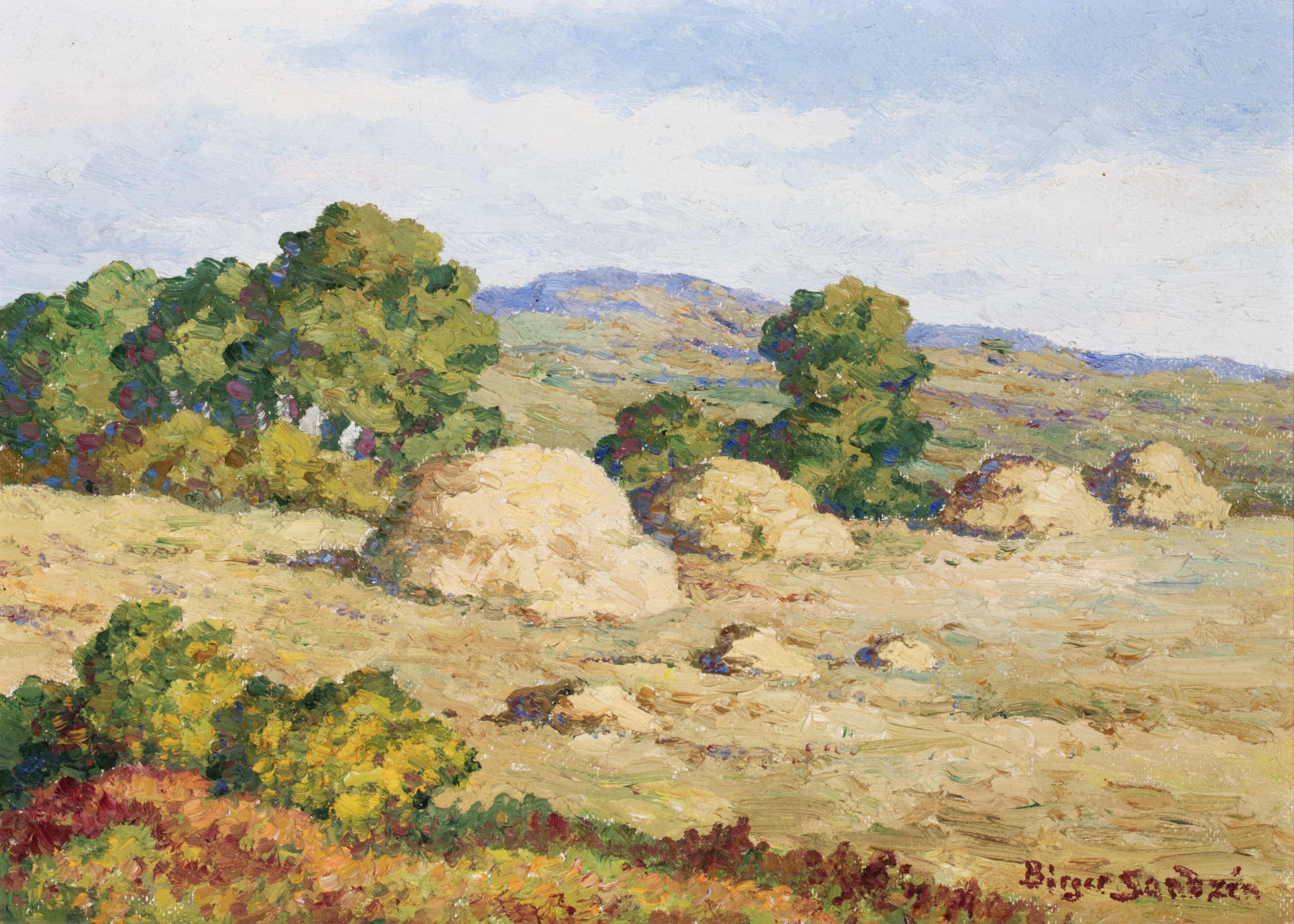 BIRGER SANDZÉN (1871-1954) 'HAYSTACKS' OIL ON MASONITE