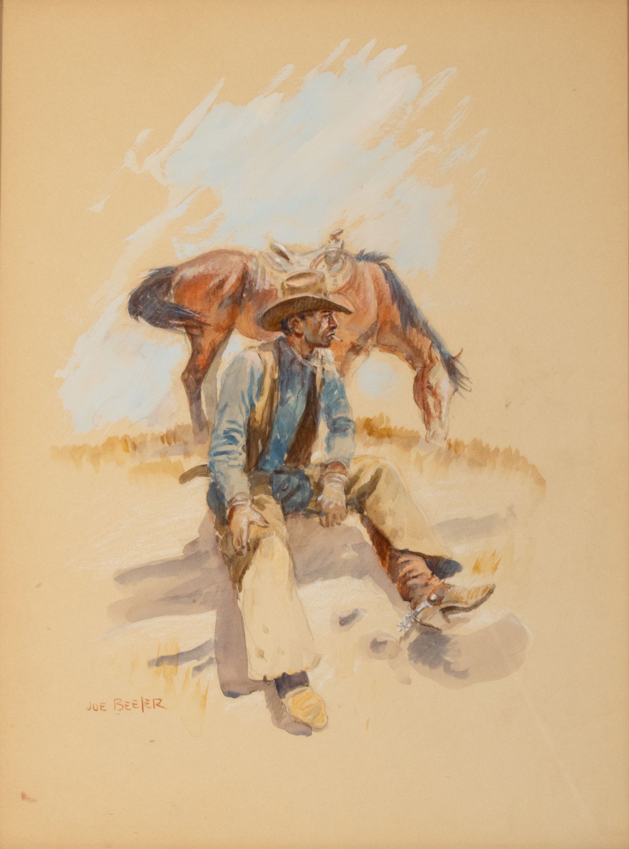 JOE BEELER (1931-2006) COWBOY WATERCOLOR WITH GOUACHE