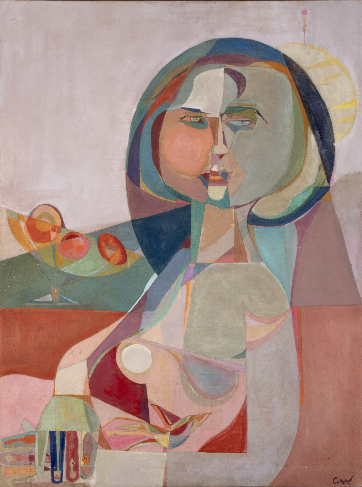 SALLY COOK (1932) GEOMETRIC CUBIST PORTRAIT NY C. 1965
