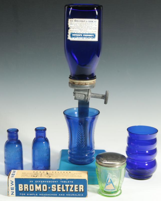 VINTAGE DRUG STORE COBALT GLASS AND CODEINE DISPENSER