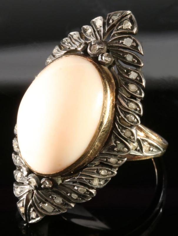 GEORGIAN PERIOD CORAL AND DIAMOND RING