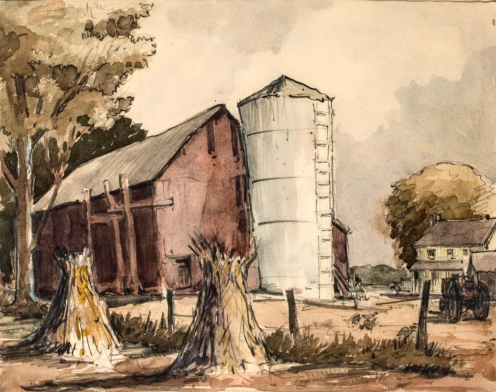 ATTRIBUTED LEON PESCHERET (1892-1971) MIXED MEDIA FARM SCENE