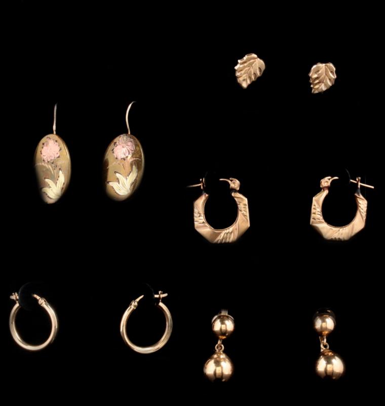 FIVE PAIRS OF 14K GOLD EARRINGS