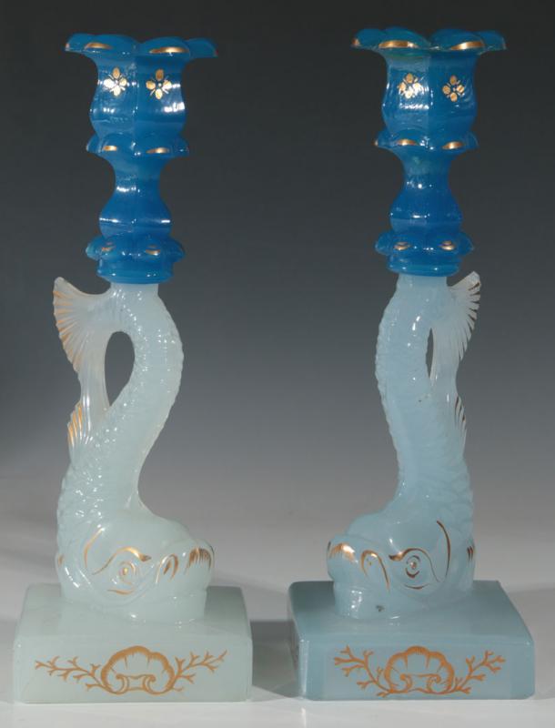 A PAIR OF SANDWICH DOLPHIN FIGURAL CANDLESTICKS 