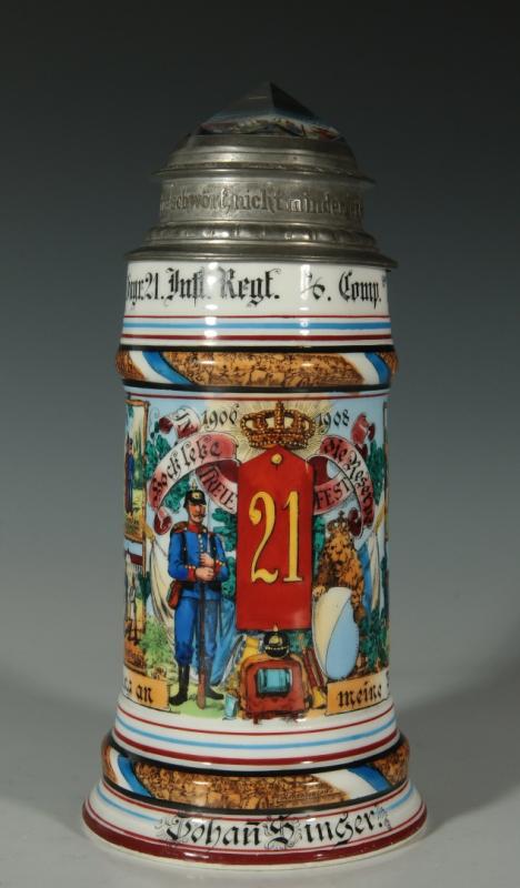 A 1906-1908 GERMAN REGIMENTAL STEIN WITH PRISM LID