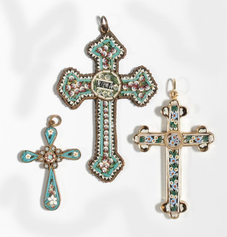 THREE ANTIQUE MICROMOSAIC CROSS PENDANTS