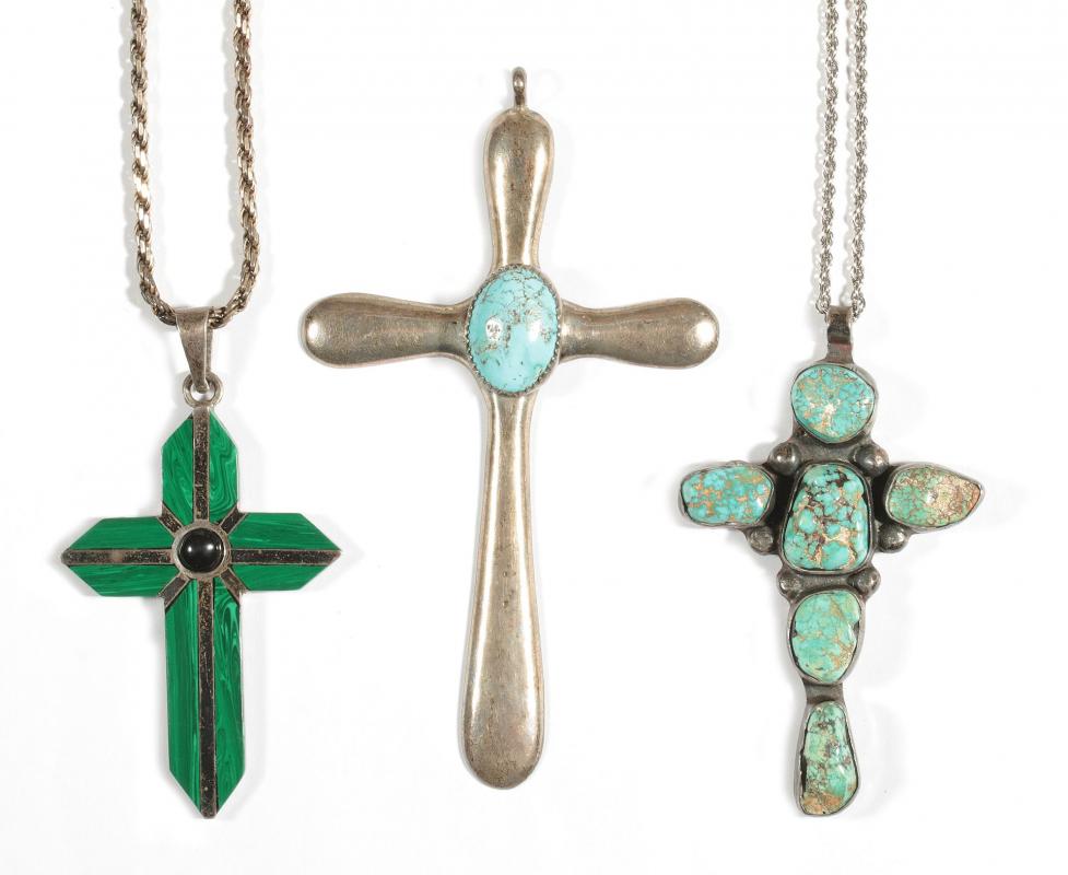 THREE STERLING CROSS PENDANTS WITH SEMI PRECIOUS